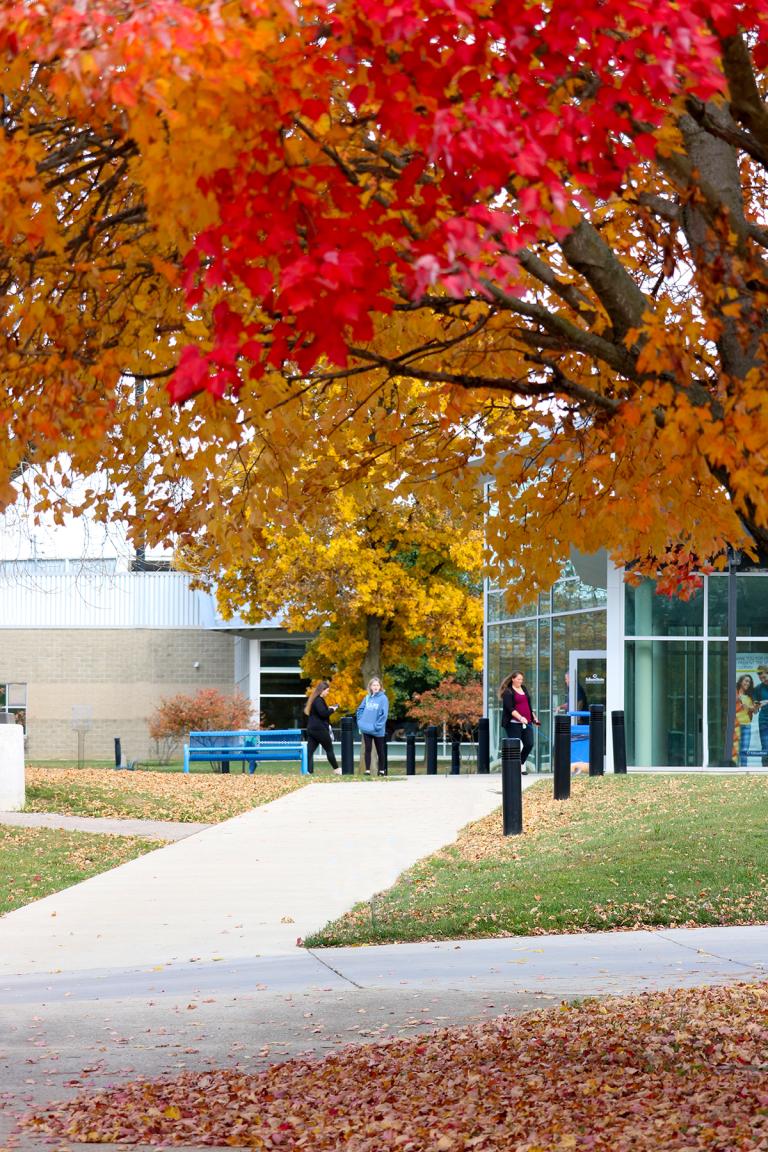 Fall campus photo with students walking