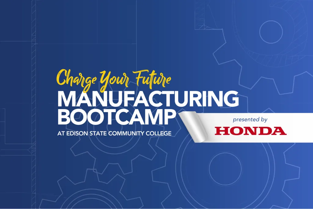 Charge Your Future: Manufacturing Bootcamp at Edison State Community College, Presented by Honda; Image of Gears on blue background