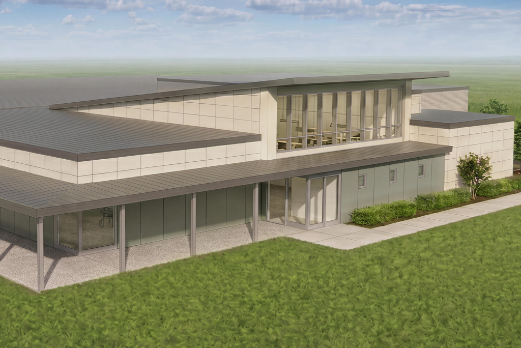 3D architectural rendering of Edison State Community College health sciences addition featuring a modern commercial building with angled metal roofs, floor-to-ceiling windows, contemporary exterior panels, and landscaped grounds.