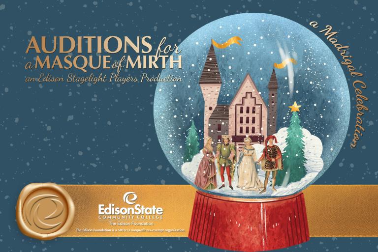 Poster reading ‘Auditions for a Masque of Mirth an Edison State Stagelight Players Production for the Holidays — A Madrigal Celebration.