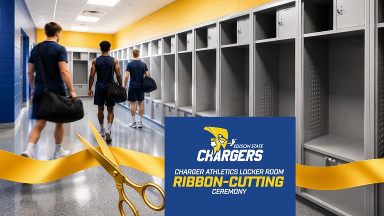 Promotional graphic for the Charger Athletics locker room ribbon-cutting ceremony, featuring student-athletes walking through a new locker room, a gold ribbon and scissors, and the Edison State Chargers logo.