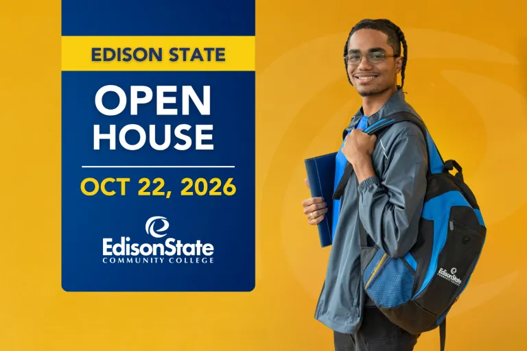 Open House graphic featuring smiling student