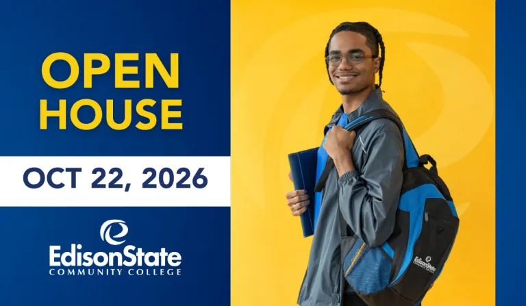 Open House graphic featuring a smiling student holding a backpack.