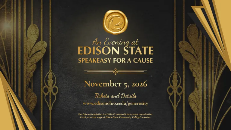 Art Deco-style event invitation with gold decorative geometric and feather-like motifs on a black textured background. Centered gold text reads: “An Evening at Edison State: Speakeasy for a Cause.” Event date is November 5, 2026, with ticket information at www.edisonohio.edu/generosity. Gold fan-shaped accents frame the top-right and bottom-left corners, creating a vintage 1920s speakeasy theme.