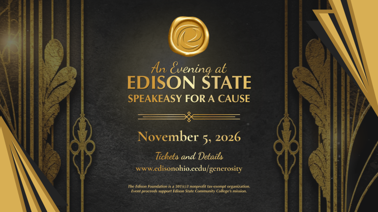 Art Deco-style event invitation with gold decorative geometric and feather-like motifs on a black textured background. Centered gold text reads: “An Evening at Edison State: Speakeasy for a Cause.” Event date is November 5, 2026, with ticket information at www.edisonohio.edu/generosity. Gold fan-shaped accents frame the top-right and bottom-left corners, creating a vintage 1920s speakeasy theme.