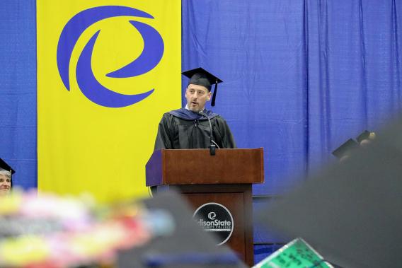 Shannon Clark, from the band Shannon Clark and the Sugar and an Edison State alumnus, delivers his keynote speech during the College’s 50th commencement ceremony.
