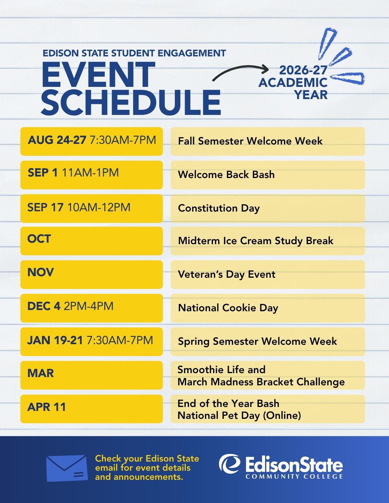 Calendar Schedule of Student Events 2026-2027